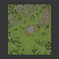 Cartoon Scene With Circular Stone Building Green Terraced Grass Pine Trees And Orange Rock Mountains