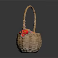 Wicker Basket with Handle for Daily Living Supplies and Red Decorative Ornament