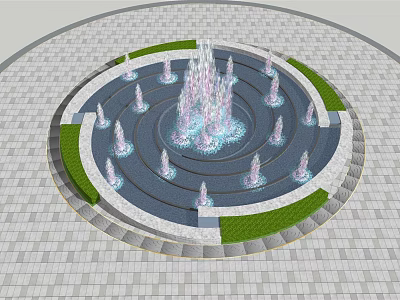 Circular Multi Tiered Fountain With Central Water Jets Surrounding Sprays Green Lawn Gray Brick Ground 3d model