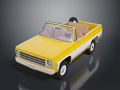Yellow Convertible Pickup Truck with White Accents Brown Seats and Open Bed 3d model