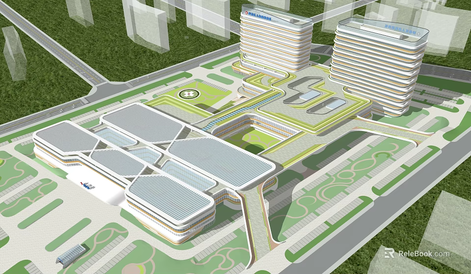 Modern Hospital Complex Design With High Rise Buildings Green Spaces And Connecting Paths 3d model 