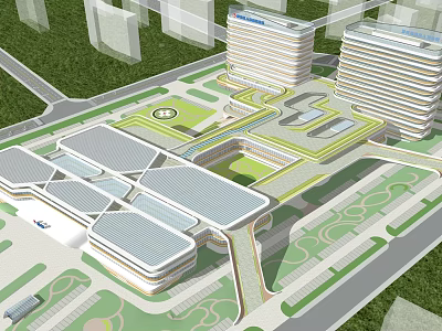 Modern Hospital Complex Design With High Rise Buildings Green Spaces And Connecting Paths 3d model