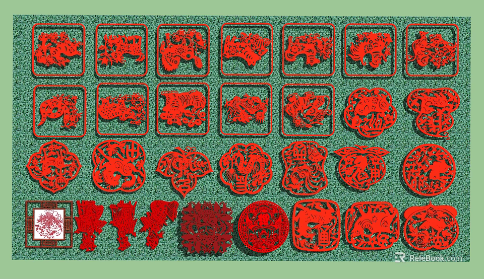 Artistic Red Wall Decor Featuring Traditional Carved Patterns And Diverse Designs 3d model