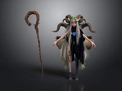 Fantasy Female Character With Ram Horns Long Hair Black Dress And Staff 3d model