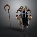 Fantasy Female Character With Ram Horns Long Hair Black Dress And Staff