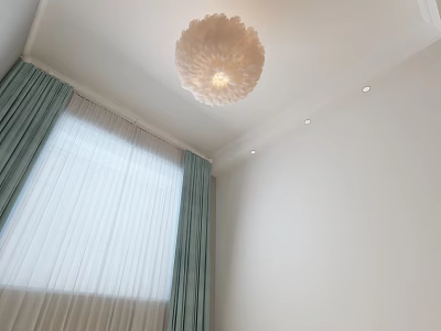 Feather Shaped Chandelier Hanging In Room With Green Curtains White Sheer Curtains And White Walls 3d model