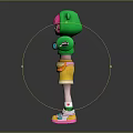 Playful Character With Frog Inspired Green Hoodie Yellow Shorts Colorful Shoes Outstretched Arms Dark Background