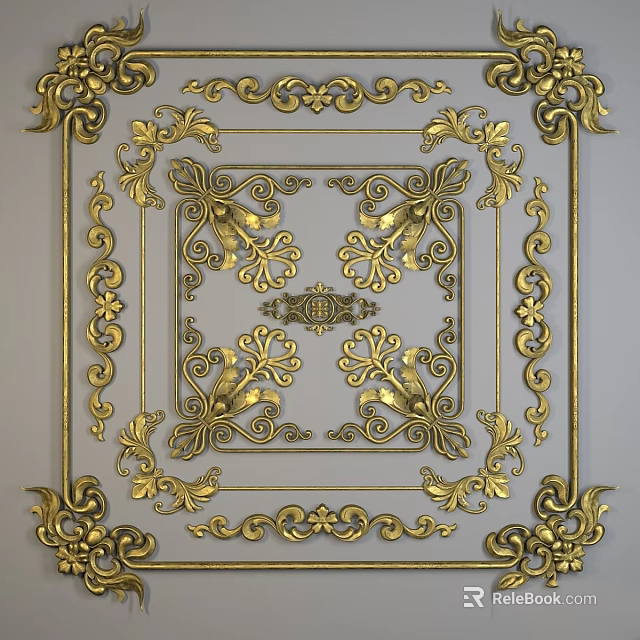 Golden Intricate Ornamental Patterns With Symmetrical Square Frame Design Details 3d model