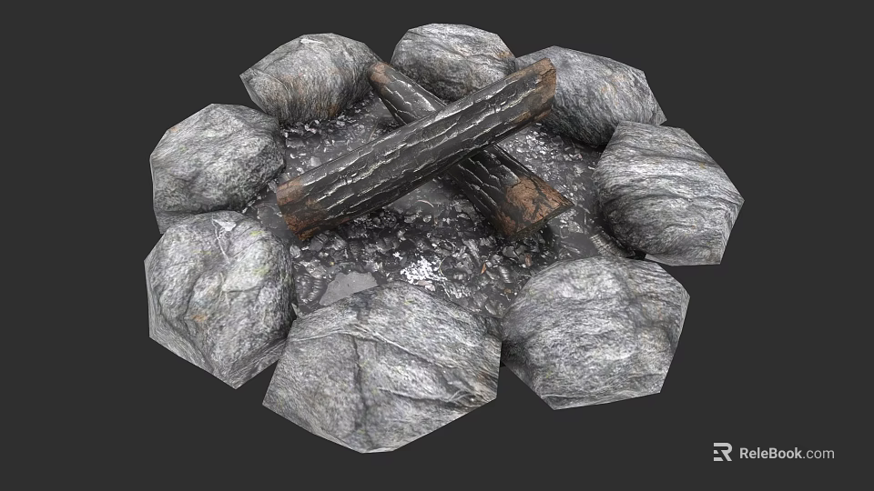 Outdoor Stone Built Circular Fireplace With Crossed Logs And Natural Rocks 3d model 