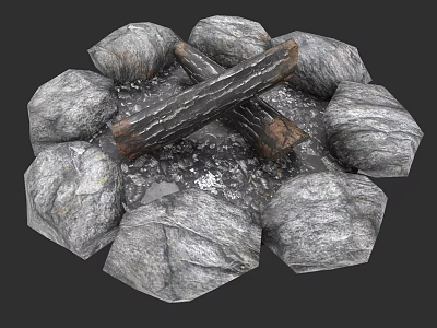 Outdoor Stone Built Circular Fireplace With Crossed Logs And Natural Rocks 3d model