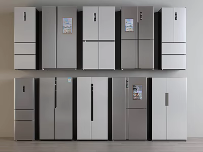 Various Modern Style Refrigerators And Freezers With Silver White Finish On 3d model