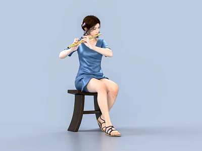 Woman Playing Flute In Blue Dress Sitting On Black Stool Against Light Blue Background 3d model