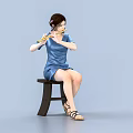 Woman Playing Flute In Blue Dress Sitting On Black Stool Against Light Blue Background