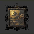Vintage Ornate Framed Landscape Painting With Golden Background And Carved Details
