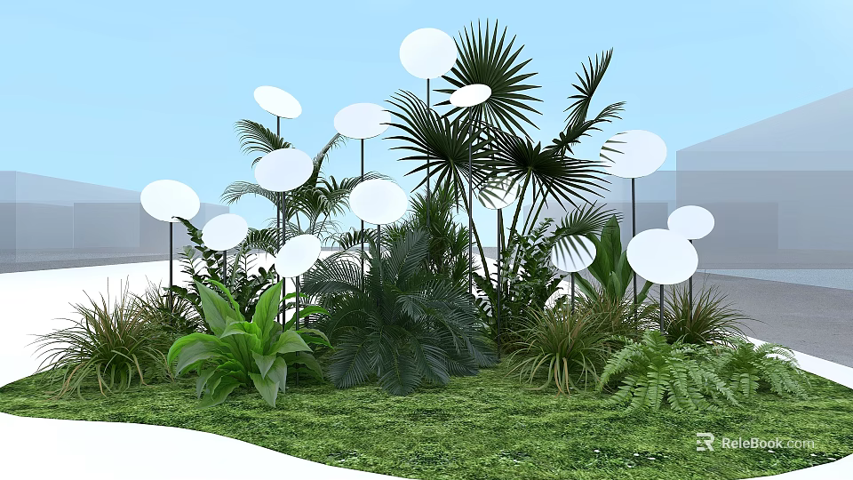 Lush Green Plants With White Globe Lights And Palm Leaves In Modern Landscape 3d model 