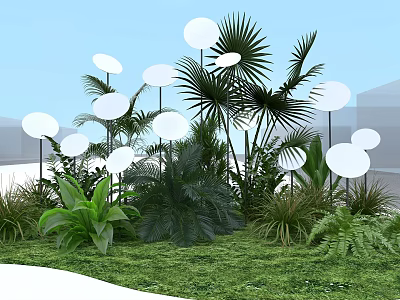 Lush Green Plants With White Globe Lights And Palm Leaves In Modern Landscape 3d model