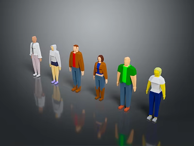 3D Characters With Various Poses And Colorful Outfits On Gray Surface 3d model