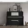 Black Piano and Art Supplies Setup with Sheet Music Stool and Wooden Easels