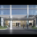 Modern High Rise Office Building with Glass Curtain Wall Surrounded by Trees in Urban Area