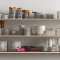 Various Dinnerware Set With Plates Bowls Cups And Utensils Neatly Arranged On Shelf
