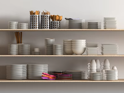 Various Dinnerware Set With Plates Bowls Cups And Utensils Neatly Arranged On Shelf 3d model