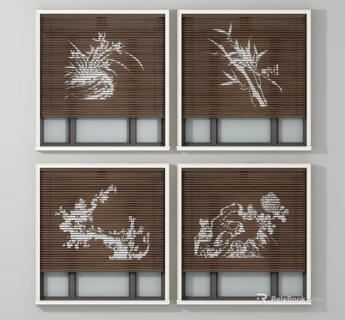 Brown Bamboo Window Blinds With White Plant Inspired Decorative Patterns 3d model