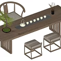 Wooden Tea Table and Chairs with Curved Backrest Stools Tea Set Tray and Green Plant