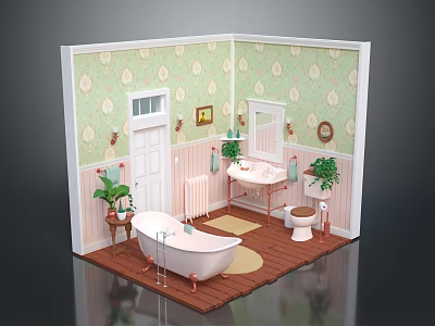 Cartoon Bathroom Scene Featuring Green Floral Wallpaper White Bathtub Sink Toilet Plants And Wooden Floor 3d model