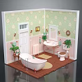 Cartoon Bathroom Scene Featuring Green Floral Wallpaper White Bathtub Sink Toilet Plants And Wooden Floor