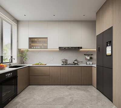 Modern Kitchen Interior With Wooden Cabinets Countertop Appliances And Window Plant 3d model