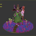 Fantasy Game Character With Pointed Hat Green Cloak Red Staff On Grass With Small Flowers
