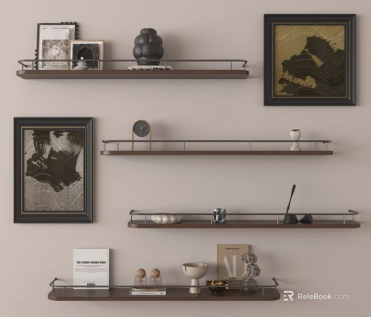 Stylish Wall Decor Featuring Tiered Wooden Shelves Framed Art And Decorative Pieces 3d model 