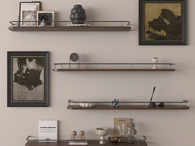 Stylish Wall Decor Featuring Tiered Wooden Shelves Framed Art And Decorative Pieces 3d model