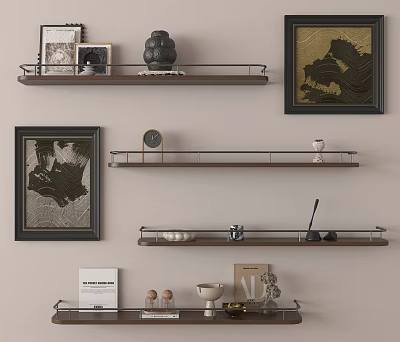 Stylish Wall Decor Featuring Tiered Wooden Shelves Framed Art And Decorative Pieces 3d model
