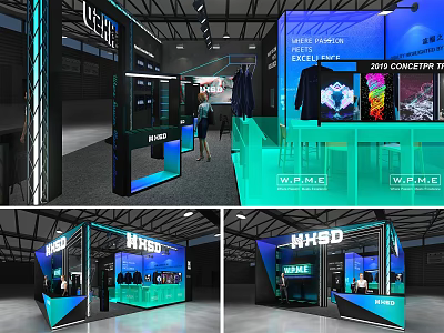 Modern Exhibition Booth Design With Blue Green Lighting Clothing Display And WHSB 2023 Concept 3d model