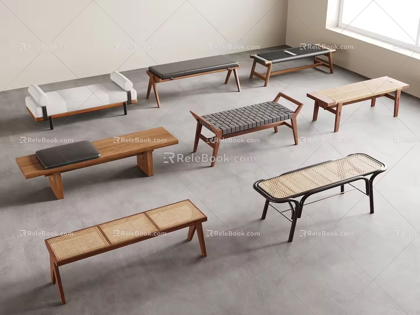 Quiet and Ancient Style Bench Woven Stool Shoe Changing Stool Bed End Stool Soft Bed 3d model