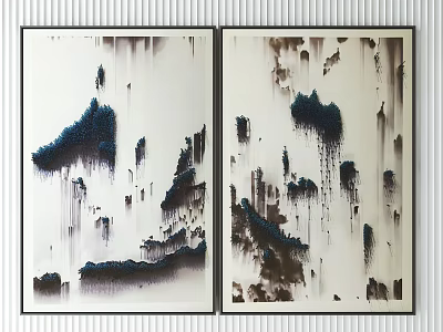 Two Panel Modern Abstract Paintings With Black White Blue Drips Hanging On Wall 3d model