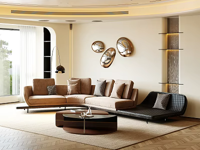 Stylish Warm Modern Living Room With Large Curved Sectional Sofa And Elegant Home Interior Design 3d model