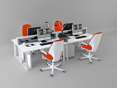 Modern Office Workstation Desk With White Surface Orange White Chairs And Computer Monitors 3d model