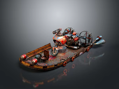 Vintage Handcrafted Decorative Mechanical Model With Red Accents Wooden Platform And Metal Wheels 3d model