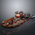 Vintage Handcrafted Decorative Mechanical Model With Red Accents Wooden Platform And Metal Wheels