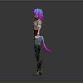 Anime Style 3D Character Model With Pink Purple Hair Cat Ears Jacket And Jeans