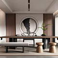 Serene Modern Tea Room Interior Featuring Wooden Long Table Tea Sets And Circular Decorative Art