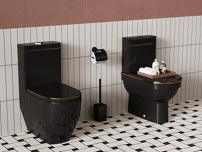Modern Bathroom Interior With Black Toilets Toilet Paper Holder And Geometric Tiled Floor 3d model