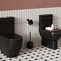 Modern Bathroom Interior With Black Toilets Toilet Paper Holder And Geometric Tiled Floor