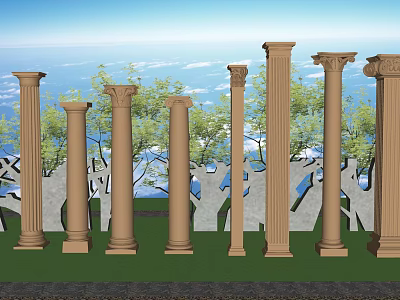 Classical Roman Columns with Blue Sky White Clouds and Trees Near Carved Walls 3d model