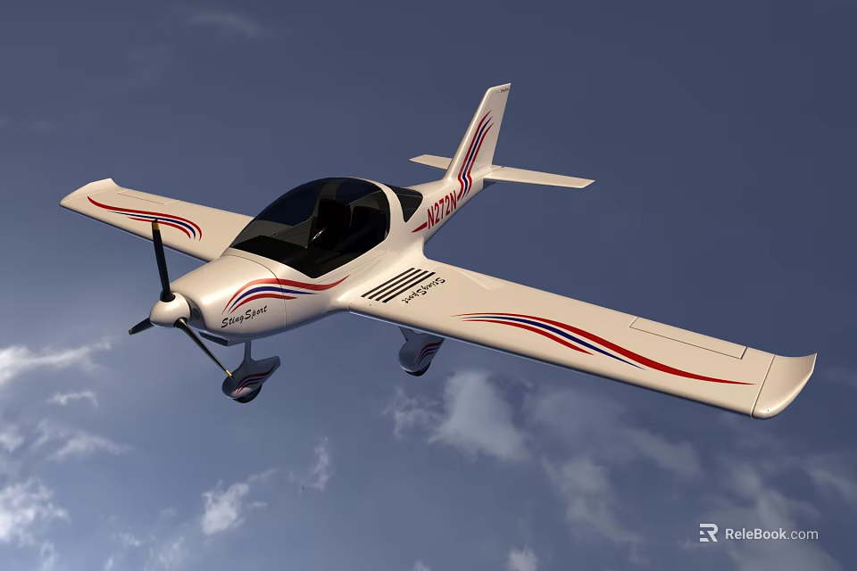 White Passenger Airplane With Red Blue Stripes Flying In Cloudy Sky 3d model 