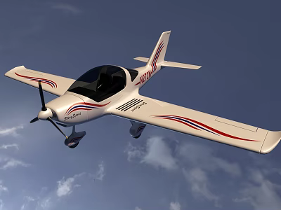 White Passenger Airplane With Red Blue Stripes Flying In Cloudy Sky 3d model