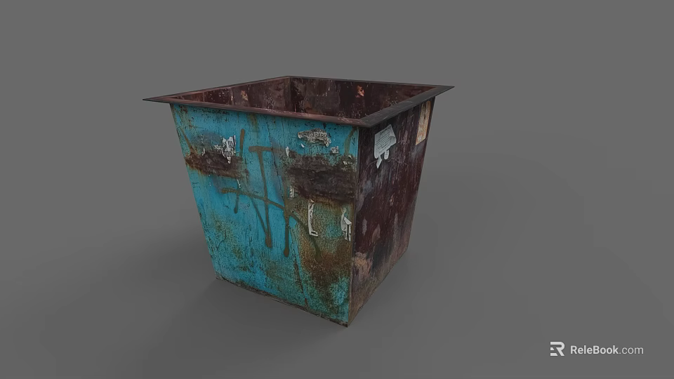 Rusted Blue Trash Can With Worn Surface And Graffiti Marks 3d model 
