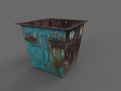 Rusted Blue Trash Can With Worn Surface And Graffiti Marks 3d model